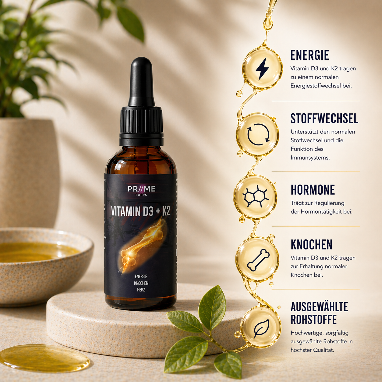 Vitamin D3 + K2 - 1.700 Tropfen (1.000 I.E.) - Energie, Knochen, Herz - 50ml