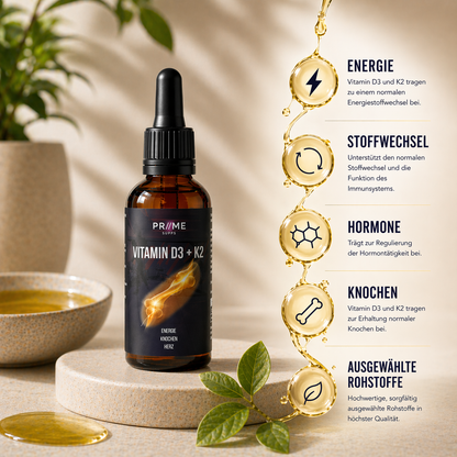 Vitamin D3 + K2 - 1.700 Tropfen (1.000 I.E.) - Energie, Knochen, Herz - 50ml