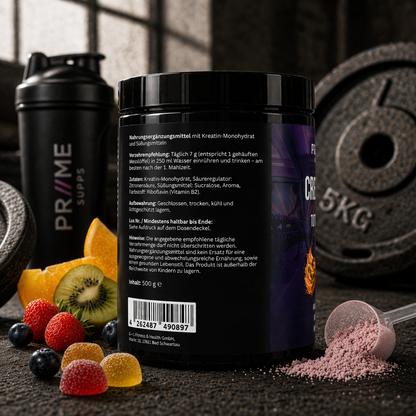 Kreatin Monohydrat Tutti Frutti - Power, Muskelaufbau, Gehirnfunktion - 500g